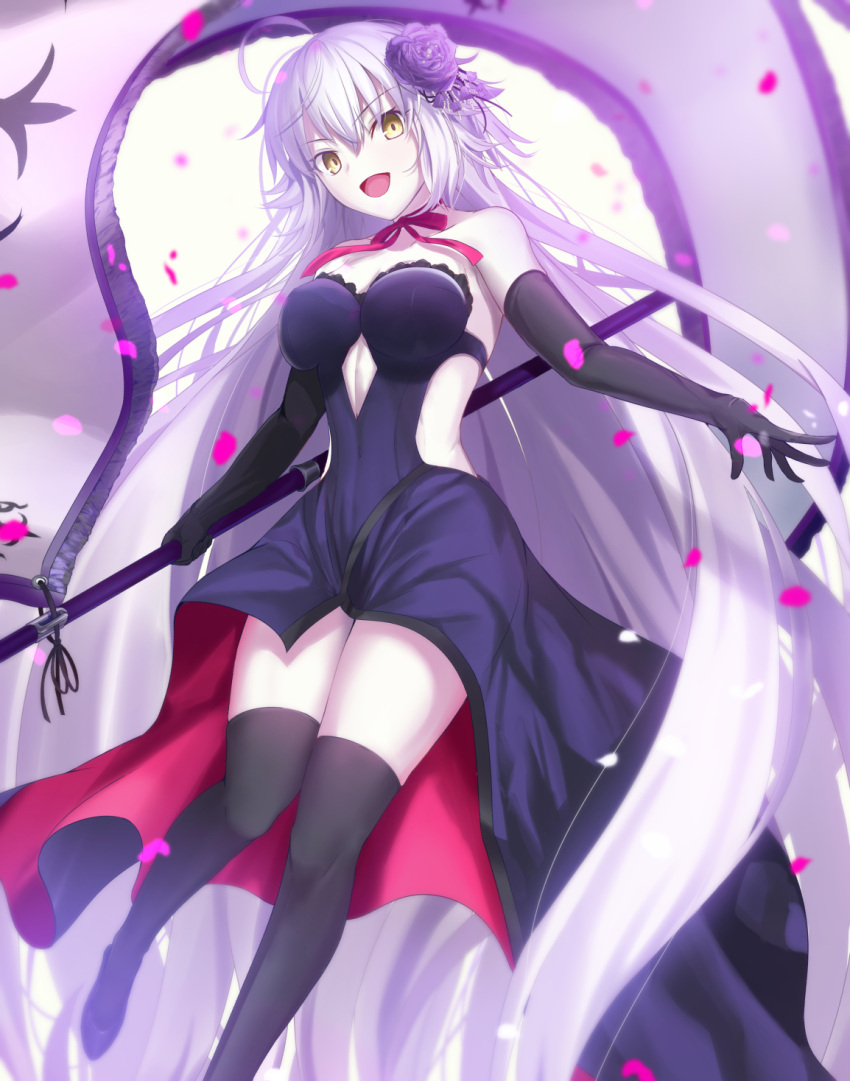 1girl ahoge black_gloves black_legwear breasts cleavage_cutout clothing_cutout dress elbow_pads fate/grand_order fate_(series) flag flag_print flower gloves hair_flower hair_ornament highres holding holding_flag holding_weapon jeanne_d'arc_(alter)_(fate) jeanne_d'arc_(fate) long_hair looking_at_viewer neko_daruma open_mouth petals silver_hair sleeveless sleeveless_dress sleeves_past_wrists smile solo thigh-highs weapon yellow_eyes