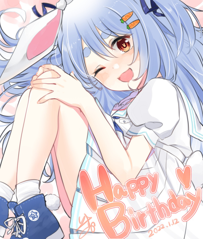 1girl ;d animal_ears bare_legs blue_footwear blue_hair carrot_hair_ornament commentary dated eyebrows_visible_through_hair food-themed_hair_ornament frilled_skirt frills full_body hair_between_eyes hair_ornament hair_ribbon happy_birthday highres hololive isuka knees_to_chest knees_up long_hair looking_at_viewer one_eye_closed open_mouth puffy_short_sleeves puffy_sleeves rabbit_ears rabbit_girl red_eyes ribbon shoes short_sleeves signature skirt smile sneakers socks solo symbol-shaped_pupils thick_eyebrows thighs usada_pekora virtual_youtuber white_skirt yellow_eyes