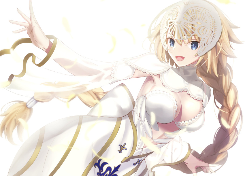 1girl bandages blue_eyes braid braided_ponytail breasts dress eyebrows_behind_hair eyebrows_visible_through_hair fate/grand_order fate_(series) hair_between_eyes headpiece highres jeanne_d'arc_(fate) jeanne_d'arc_(fate/apocrypha) long_hair looking_at_viewer neko_daruma open_mouth smile solo white_background