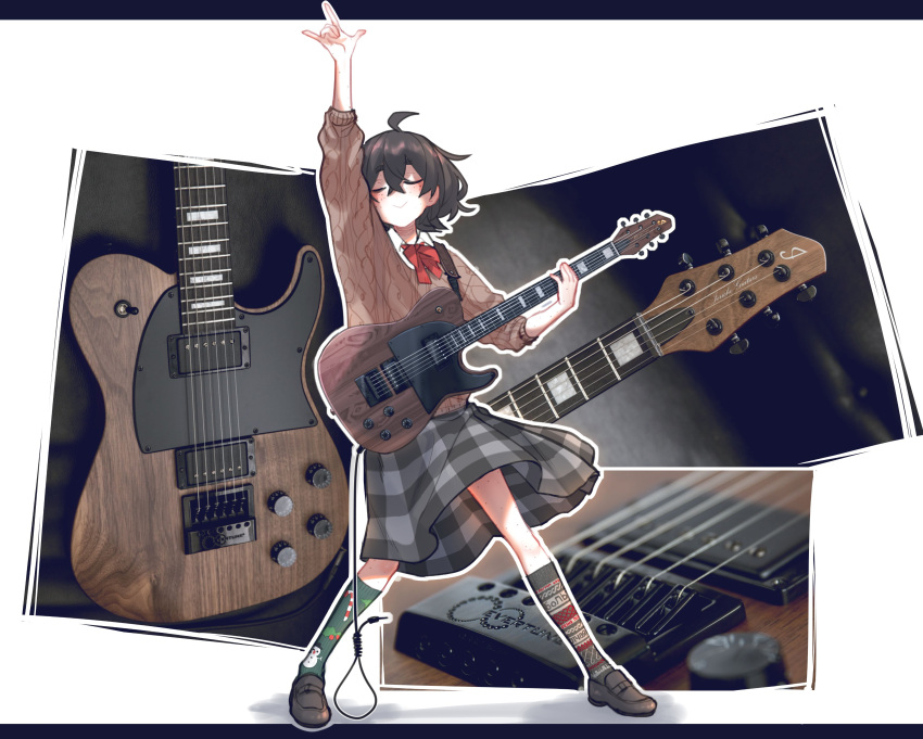 1girl \m/ absurdres arm_up bangs black_hair blind_girl_(popopoka) bow bowtie brown_sweater cable freckles grey_skirt guitar highres holding instrument kneehighs original plaid plaid_skirt popopoka red_bow red_bowtie shiny shiny_hair shirt skirt smile solo sweater