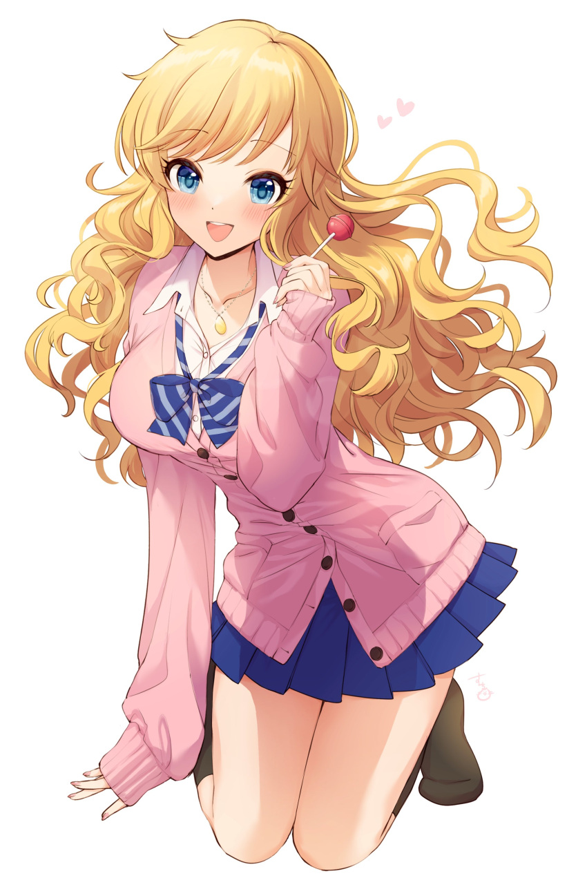 1girl :d absurdres blonde_hair blue_eyes blue_skirt blush bow bowtie breasts candy collarbone eyebrows_visible_through_hair food gyaru heart highres holding holding_candy holding_food idolmaster idolmaster_cinderella_girls jewelry kneeling kogal lollipop long_hair looking_at_viewer loose_bowtie medium_breasts nail_polish necklace neru5 ohtsuki_yui open_collar pleated_skirt round_teeth simple_background skirt smile solo sweater_vest teeth very_long_hair wavy_hair white_background