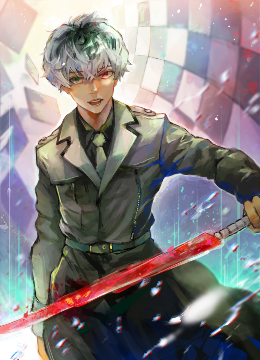 1boy bangs black_hair black_shirt blood blood_on_weapon brown_jacket checkered_background collared_shirt cowboy_shot eyebrows_visible_through_hair grey_necktie highres holding holding_sword holding_weapon jacket kyuuba_melo long_sleeves looking_at_viewer multicolored_background multicolored_hair necktie open_mouth sasaki_haise shirt short_hair solo sword teeth tokyo_ghoul tokyo_ghoul:re tongue weapon