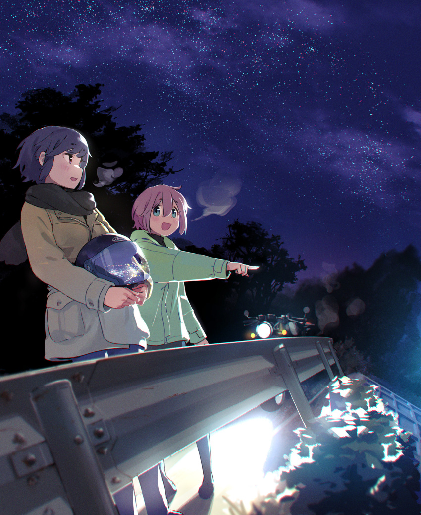 2girls beige_jacket black_scarf blue_eyes blush brown_eyes eyebrows_visible_through_hair green_jacket ground_vehicle hair_between_eyes helmet highres holding holding_helmet jacket kagamihara_nadeshiko long_sleeves minawa motor_vehicle multiple_girls night night_sky open_mouth pink_hair pointing pointing_forward purple_hair scarf shima_rin short_hair sky smile star_(sky) starry_sky yurucamp