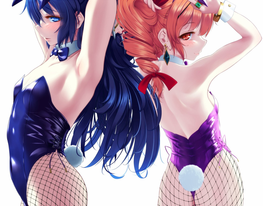 2girls animal_ears armpits arms_behind_head arms_up ass bangle bangs blue_bow blue_bowtie blue_eyes blue_hair blush bow bowtie bracelet breasts cowboy_shot detached_collar drill_hair earrings eyebrows_visible_through_hair fake_animal_ears fake_tail fishnet_legwear fishnets from_behind hair_bow highres indica jewelry leotard long_hair looking_at_viewer looking_back multiple_girls orange_eyes orange_hair pantyhose playboy_bunny profile purple_leotard rabbit_ears rabbit_tail red_bow ring siblings sidelocks simple_background sisters small_breasts smile solo standing strapless strapless_leotard tail touhou white_background wrist_cuffs yorigami_jo'on yorigami_shion