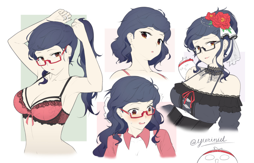 1girl adjusting_hair armpits artist_self-insert bare_shoulders black-framed_eyewear blue_hair blush bra breasts choker collarbone corset dress english_commentary expressions flat_color flower frilled_dress frills glasses hair_behind_ear hair_bun hair_flower hair_ornament hair_tie halterneck highres holding holding_hair lace-trimmed_bra lace_trim long_hair looking_at_viewer mixed-language_commentary multiple_views off_shoulder open_mouth original pink_bra portrait red-framed_eyewear semi-rimless_eyewear short_hair sidelocks signature simple_background smile tying_hair under-rim_eyewear underwear upper_body veil wavy_hair wavy_mouth white_background yuriniel
