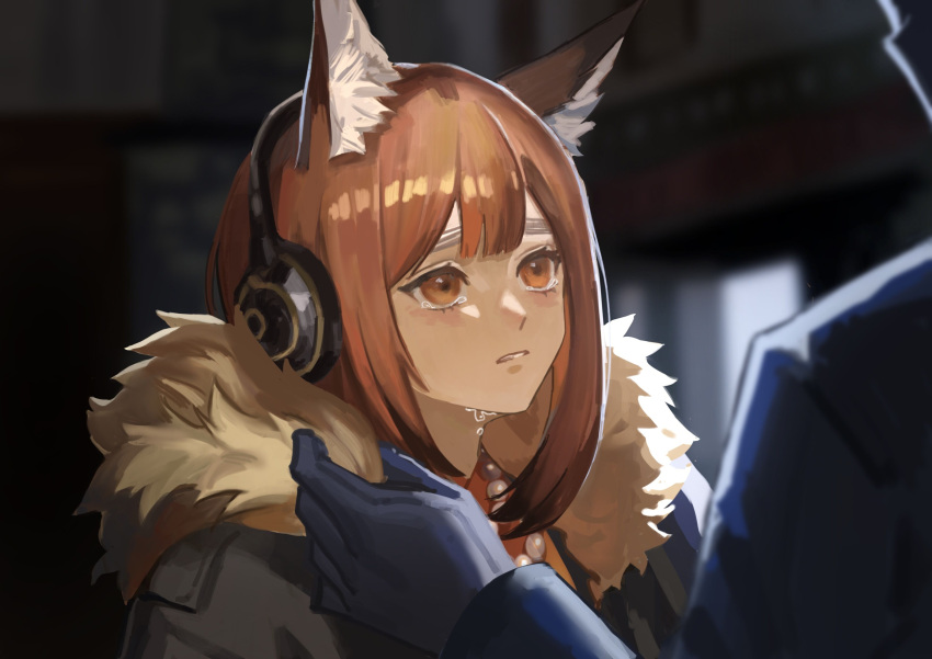 1girl 1other absurdres animal_ear_fluff arknights black_gloves blurry blurry_background blush brown_eyes brown_hair closed_mouth crying crying_with_eyes_open depth_of_field doctor_(arknights) fur_collar gloves hasegawamorito headphones highres huris_(arknights) implied_extra_ears indoors jewelry long_hair long_sleeves looking_at_another necklace parted_lips solo_focus tears upper_body