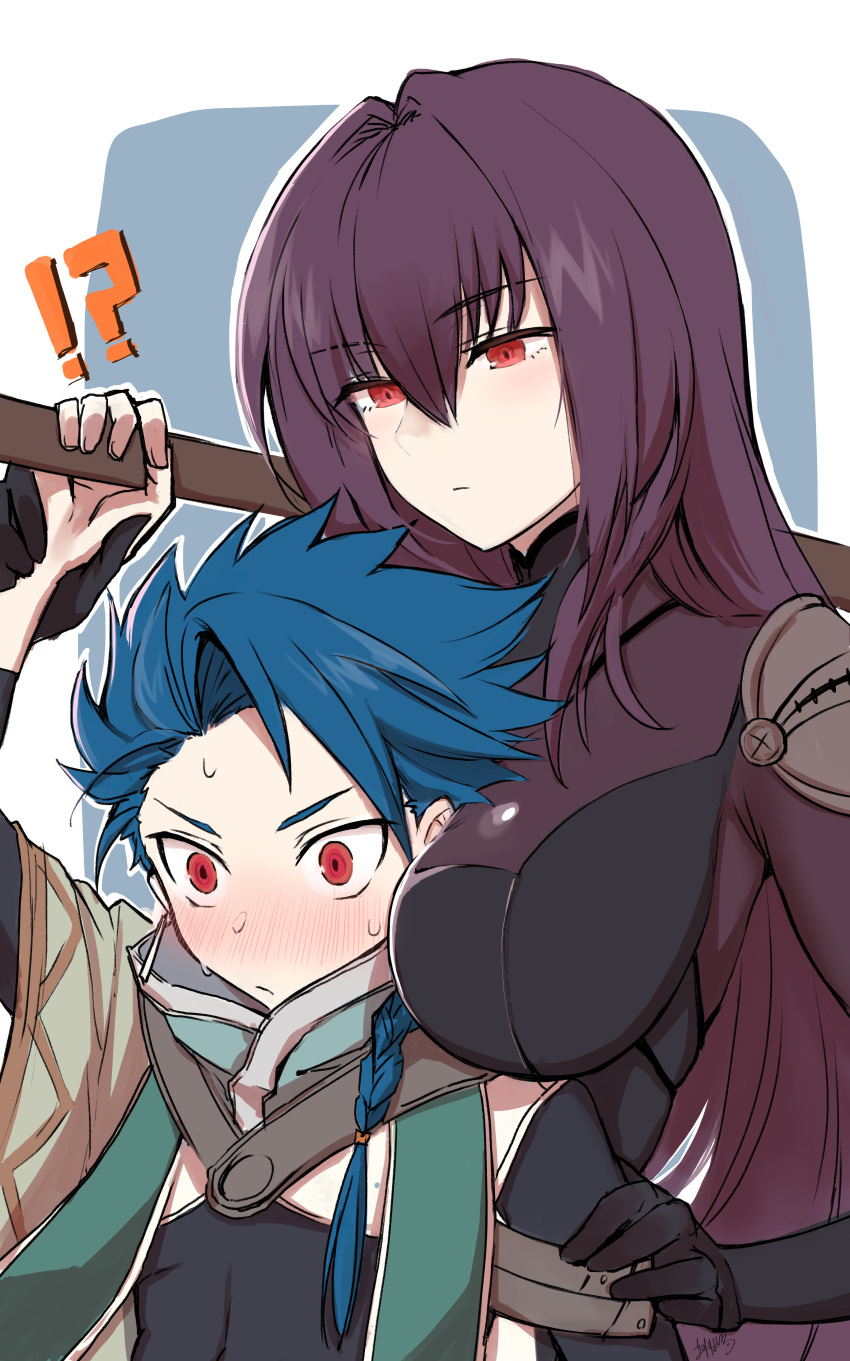 !? 1boy 1girl absurdres age_difference arm_up armor bangs between_breasts blue_hair blush bodysuit braid breasts commentary_request cu_chulainn_(fate) emirio_(emirio110) expressionless fate/grand_order fate/grand_order_arcade fate_(series) hair_between_eyes hand_on_hip head_between_breasts height_difference highres holding holding_weapon large_breasts long_hair long_sleeves nose_blush purple_bodysuit purple_hair red_eyes scathach_(fate) setanta_(fate) side_braid spiky_hair sweat two-tone_background upper_body weapon