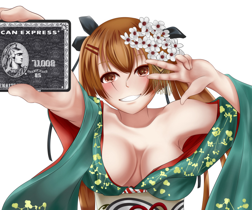 1girl absurdres american_express bangs bare_shoulders blush breasts brown_eyes brown_hair card cherry951753 eyebrows_visible_through_hair flower girls_frontline hair_flower hair_ornament hair_ribbon hairclip highres holding holding_card japanese_clothes kimono long_hair looking_at_viewer medium_breasts official_alternate_costume open_clothes open_kimono open_mouth ribbon scar scar_across_eye smile solo teeth twintails ump9_(girls'_frontline) upper_body v white_background