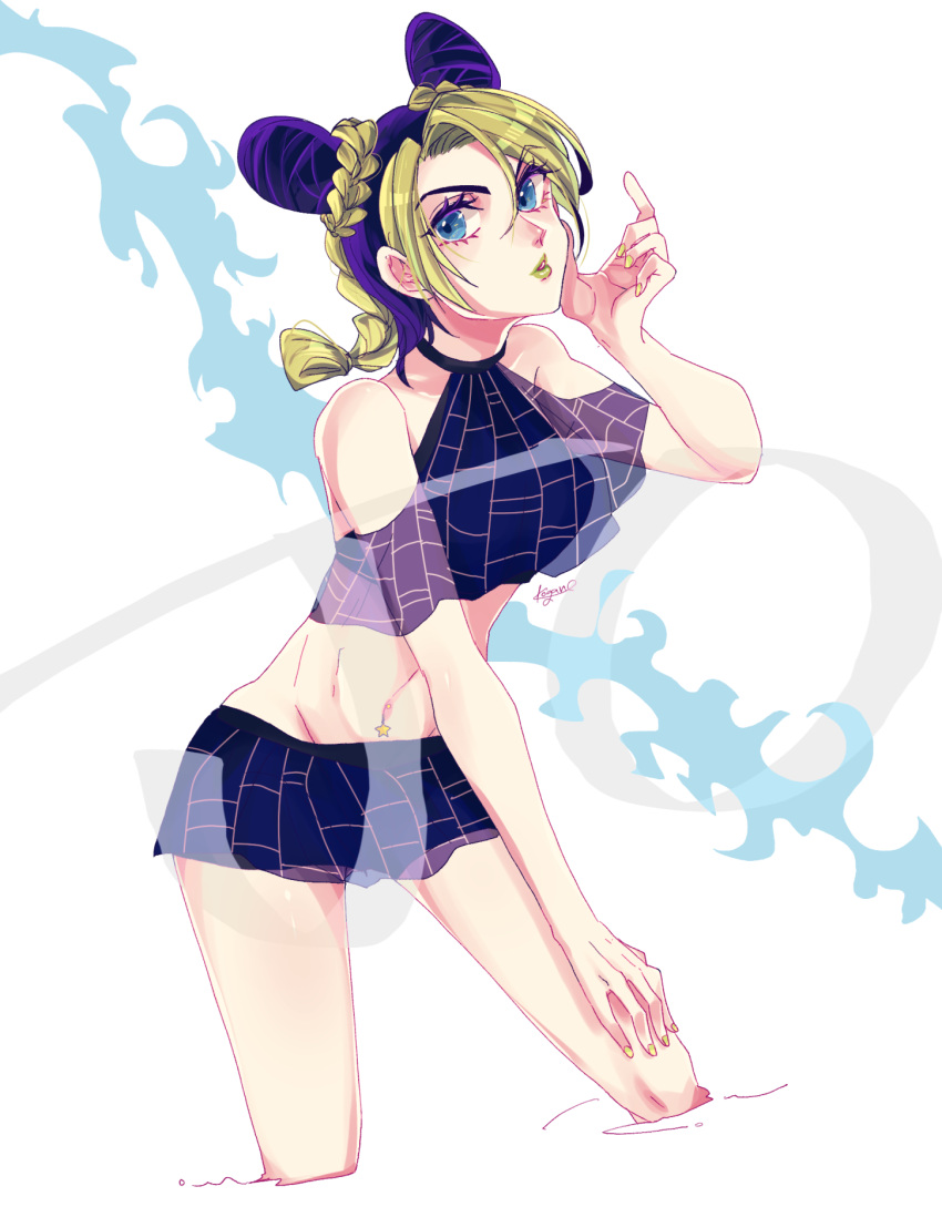 1girl blonde_hair braid double_bun green_hair hair_cones highres jojo_no_kimyou_na_bouken kogatarou kujo_jolyne linea_alba midrff miniskirt multicolored_hair purple_hair skirt solo spider_web_print stone_ocean toned two-tone_hair yellow_lips