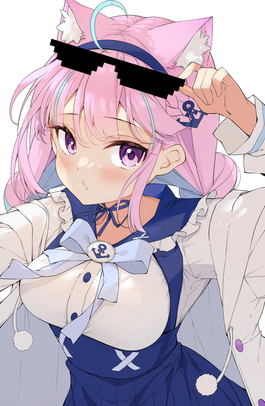 1girl absurdres adjusting_eyewear ahoge animal_ear_fluff animal_ears arm_up bangs blue_bow blue_eyes blue_hairband blue_sailor_collar blue_skirt blush bow breasts cat_ears commentary darjeeling_(reley) deal_with_it eyebrows_visible_through_hair eyewear_on_head frilled_sailor_collar frills hairband high-waist_skirt highres hololive jacket large_breasts long_hair long_sleeves looking_at_viewer minato_aqua multicolored_hair open_clothes open_jacket parted_lips pink_eyes pink_hair sailor_collar school_uniform serafuku shirt simple_background skirt solo sunglasses suspender_skirt suspenders symbol-only_commentary two-tone_hair upper_body virtual_youtuber white_background white_jacket white_shirt