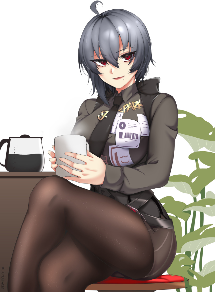 1girl bangs bartender black_hair black_necktie brown_legwear chair closed_mouth coffee coffee_mug crossed_legs cup grey_shirt highres holding holding_cup honkai_(series) honkai_impact_3rd lion_space lipstick long_sleeves looking_at_viewer makeup medium_hair mole mole_under_mouth mug necktie pantyhose polo_shirt raven_(honkai_impact_3rd) shirt simple_background sitting smile solo table violet_eyes white_background