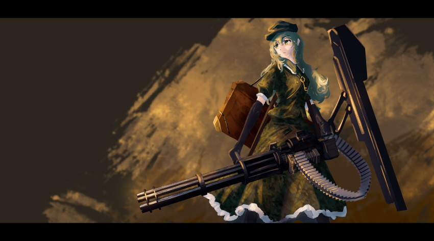 1girl alternate_hairstyle backpack bag black_gloves camouflage camouflage_headwear camouflage_shirt camouflage_skirt closed_mouth elbow_gloves eyebrows_visible_through_hair gloves green_eyes green_hair green_headwear green_shirt green_skirt gun hair_between_eyes hat highres holding holding_gun holding_weapon key letterboxed lfacras long_hair shirt short_sleeves skirt solo touhou weapon yamashiro_takane