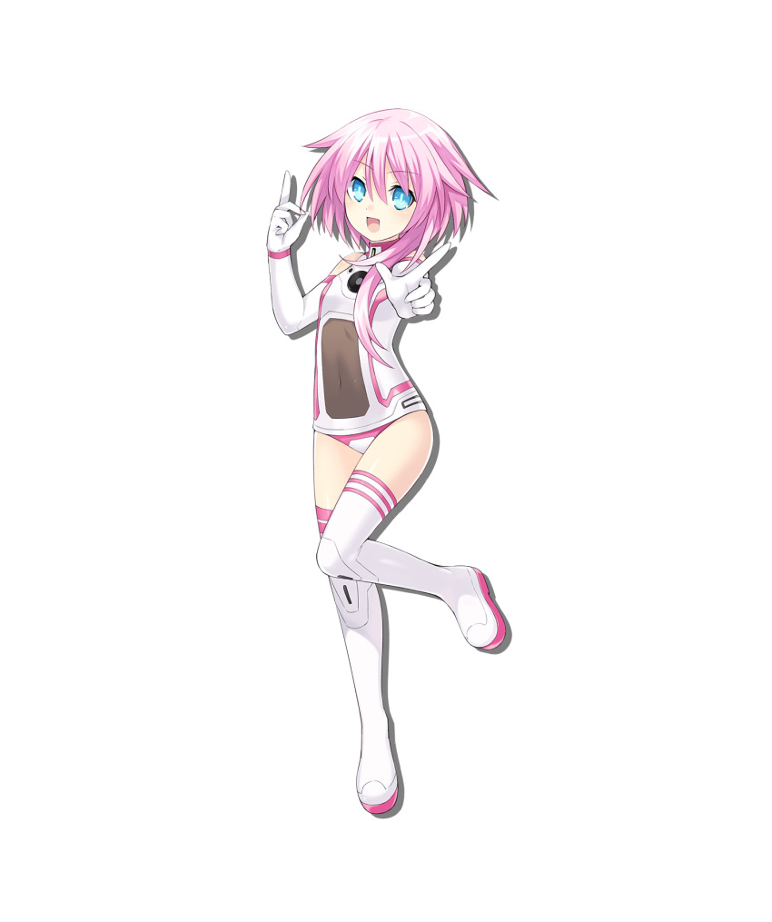 1girl :d alpha_transparency artist_request bangs blue_eyes boots choujigen_game_neptune_sisters_vs_sisters covered_navel dot_nose drop_shadow eyebrows_visible_through_hair flat_chest full_body gloves hair_over_shoulder hand_up highres index_finger_raised leotard long_hair looking_at_viewer neptune_(series) official_art open_mouth pink_hair reaching_out smile solo standing standing_on_one_leg tachi-e thigh-highs thigh_boots transparent_background white_footwear white_gloves white_leotard white_sister_ram