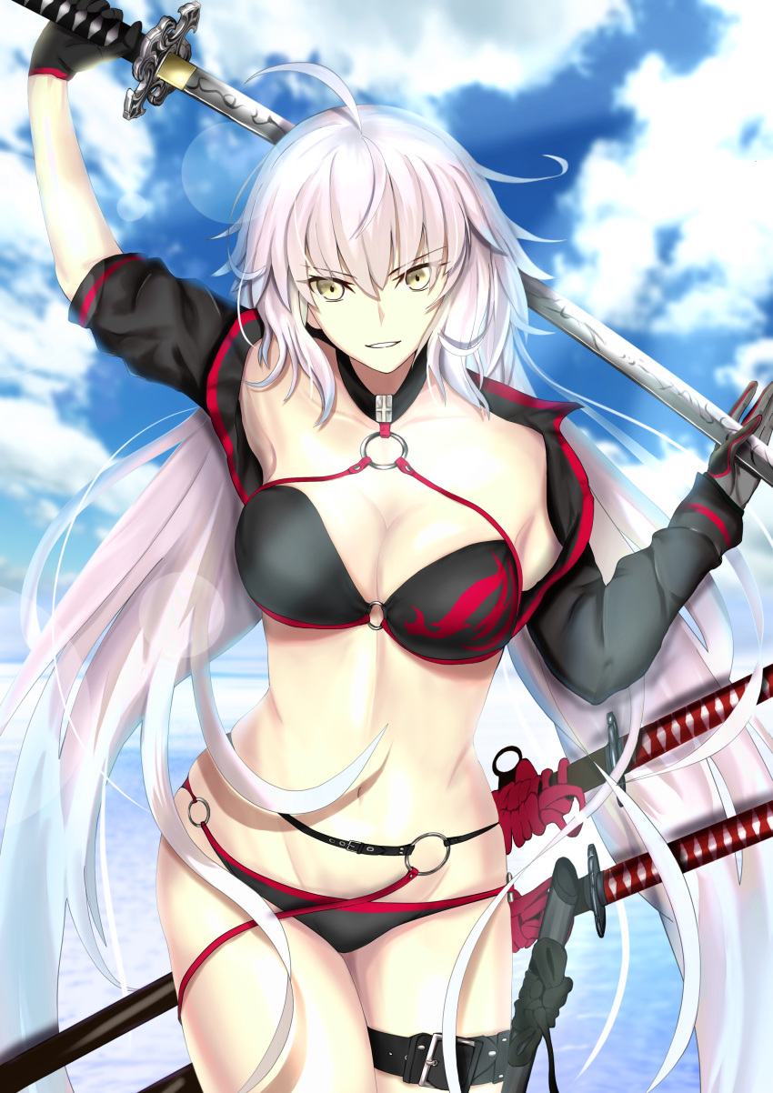 1girl absurdres ahoge arm_up bikini black_bikini black_gloves breasts fate/grand_order fate_(series) gloves highres holding holding_sword holding_weapon jacket jeanne_d'arc_(alter)_(fate) jeanne_d'arc_(alter_swimsuit_berserker)_(fate) jeanne_d'arc_(fate) katana long_hair looking_at_viewer neko_daruma silver_hair smile solo swimsuit sword weapon yellow_eyes