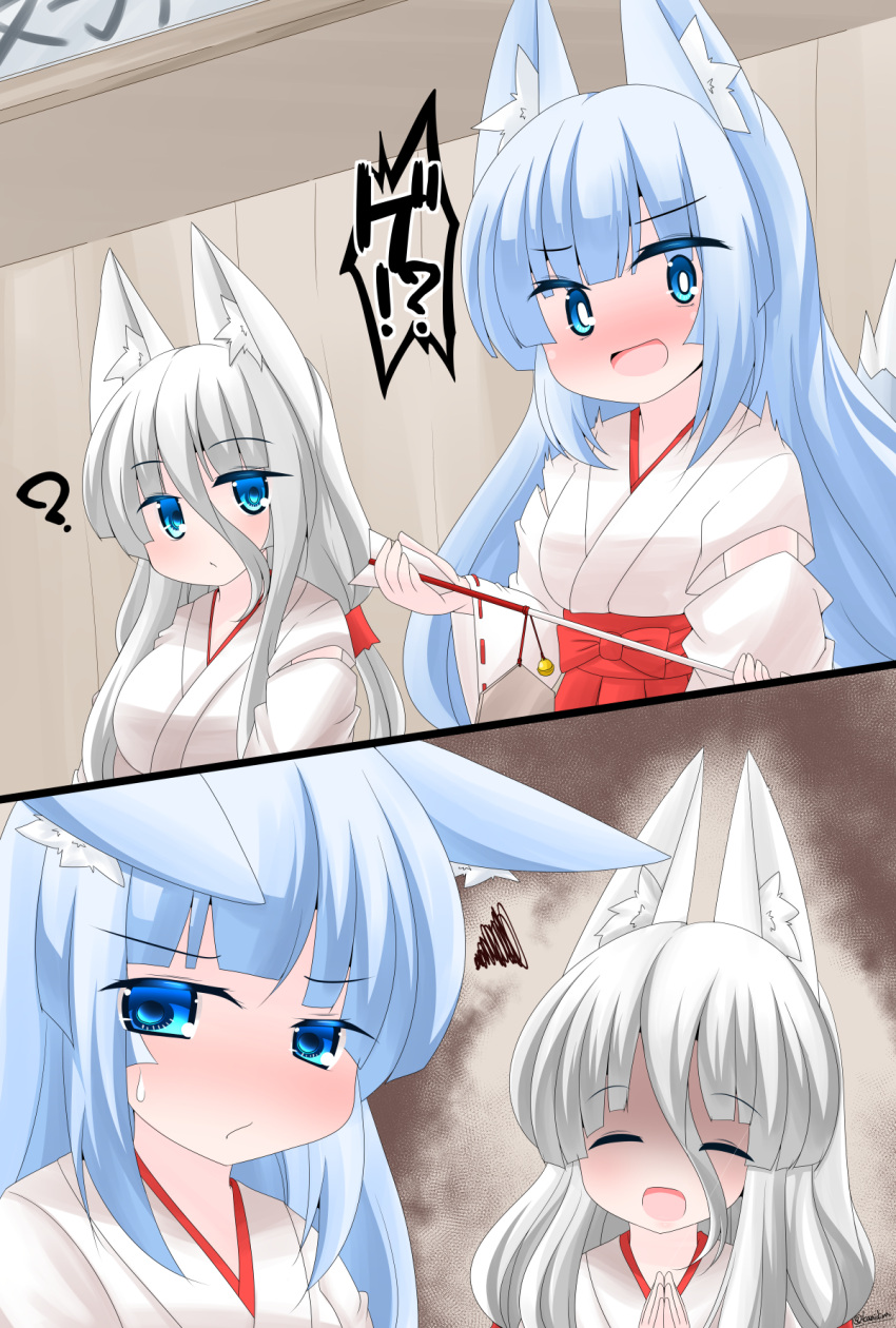 2girls :d ? ^_^ animal_ear_fluff animal_ears arrow_(projectile) bangs bell blue_eyes blue_hair blush breasts closed_eyes closed_mouth commentary_request ears_down ema eyebrows_visible_through_hair fox_ears fox_girl fox_tail grey_hair hair_between_eyes hakama hakama_skirt hamaya highres holding holding_arrow japanese_clothes jingle_bell kanijiru kimono long_hair medium_breasts miko multiple_girls nose_blush original palms_together red_hakama shaded_face skirt smile spoken_question_mark squiggle tail twitter_username very_long_hair white_kimono