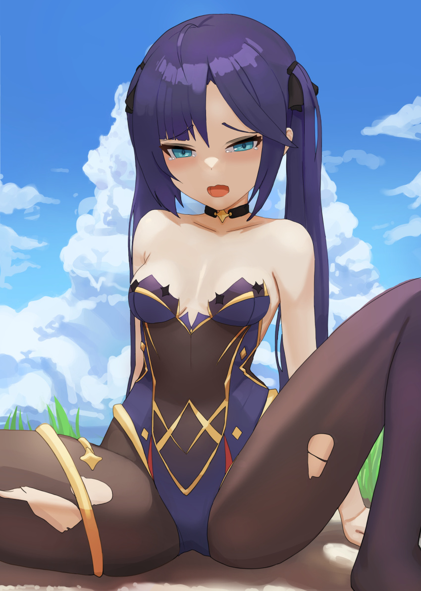1girl absurdres aqua_eyes bare_shoulders blue_sky blush breasts choker clouds dolri genshin_impact grass highres knee_up leotard long_hair mona_(genshin_impact) no_hat no_headwear on_ground open_mouth pantyhose purple_hair raised_eyebrows sitting sky small_breasts solo tears thighlet thighs torn_clothes torn_legwear twintails
