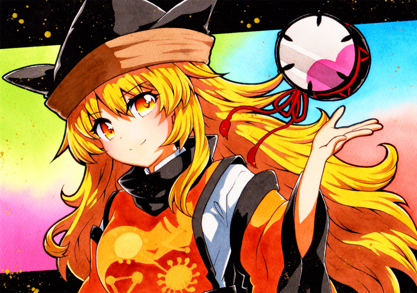 1girl bangs black_border black_headwear blonde_hair blue_background border breasts brown_headwear cape closed_mouth constellation constellation_print detached_sleeves drum eyebrows_visible_through_hair gradient gradient_eyes green_background hair_between_eyes hand_up hat highres instrument long_hair long_sleeves looking_at_viewer matara_okina medium_breasts multicolored_background multicolored_eyes orange_cape pink_background qqqrinkappp red_background red_eyes shirt smile solo tabard touhou traditional_media tsuzumi upper_body white_shirt wide_sleeves yellow_eyes