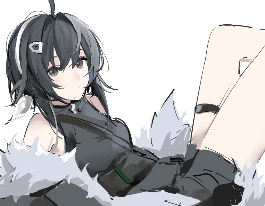 1girl ahoge arknights bangs bare_shoulders black_coat black_eyes black_hair closed_mouth coat eyebrows_behind_hair from_side fur-trimmed_coat fur_trim hair_ornament hairclip highres joshua_(shisanli934) la_pluma_(arknights) leg_up looking_at_viewer looking_to_the_side lying on_back open_clothes open_coat short_hair simple_background solo thigh_strap white_background