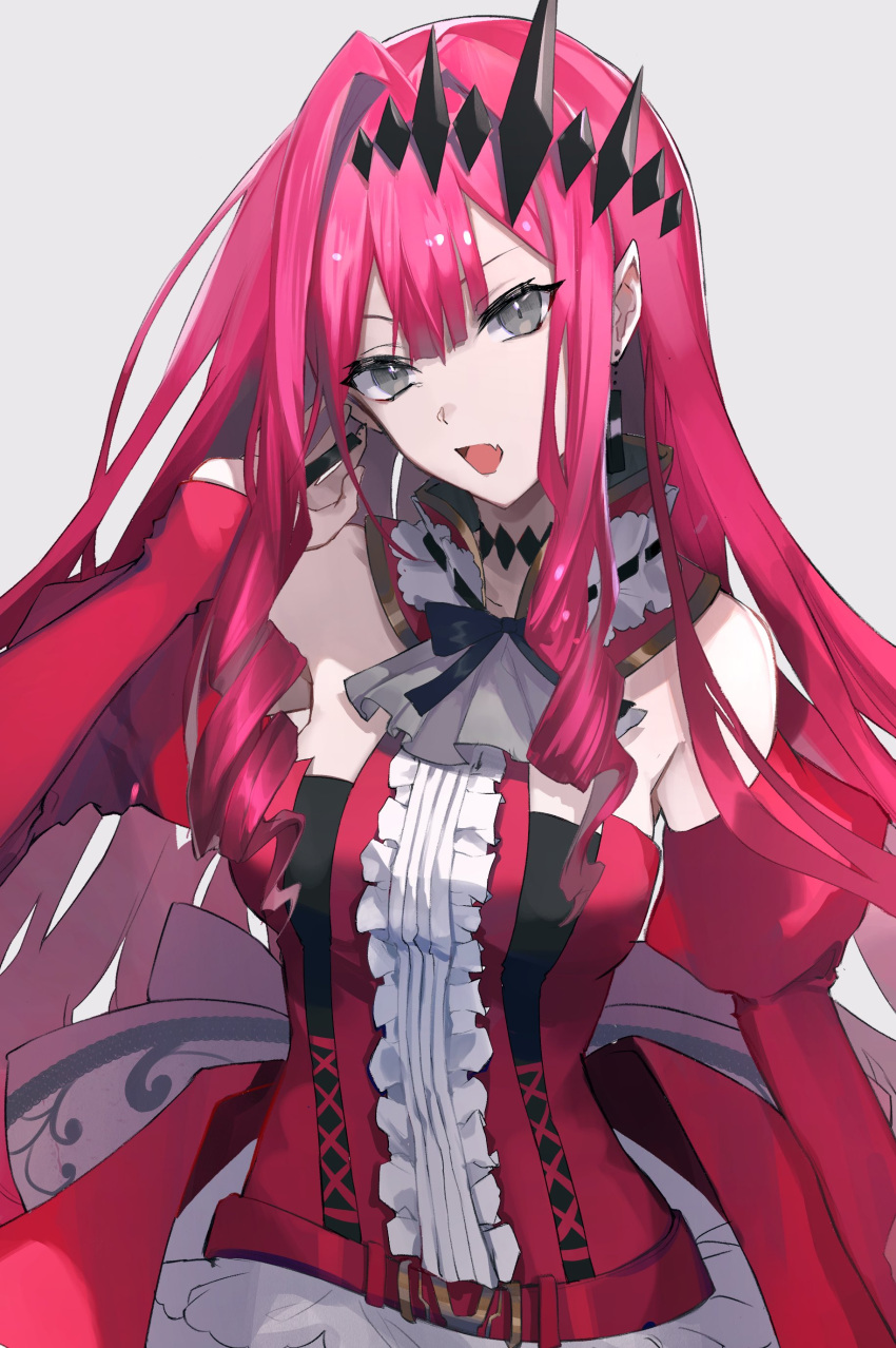 1girl absurdres bangs bare_shoulders bow breasts dress eyebrows_behind_hair eyebrows_visible_through_hair fairy_knight_tristan_(fate) fate/grand_order fate_(series) grey_background grey_eyes hair_between_eyes hair_ornament hairclip highres hoshi_rasuku long_hair looking_at_viewer open_mouth pointy_ears redhead ribbon simple_background skirt sleeveless sleeveless_dress solo