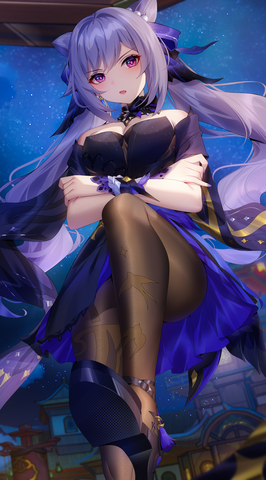 1girl absurdres bangs bare_shoulders black_legwear blush breasts crossed_arms double_bun eyebrows_visible_through_hair genshin_impact high_heels highres keqing_(genshin_impact) large_breasts long_hair looking_at_viewer outdoors pantyhose parted_lips purple_hair purple_nails solo thighs twintails violet_eyes wu_ganlan_cai