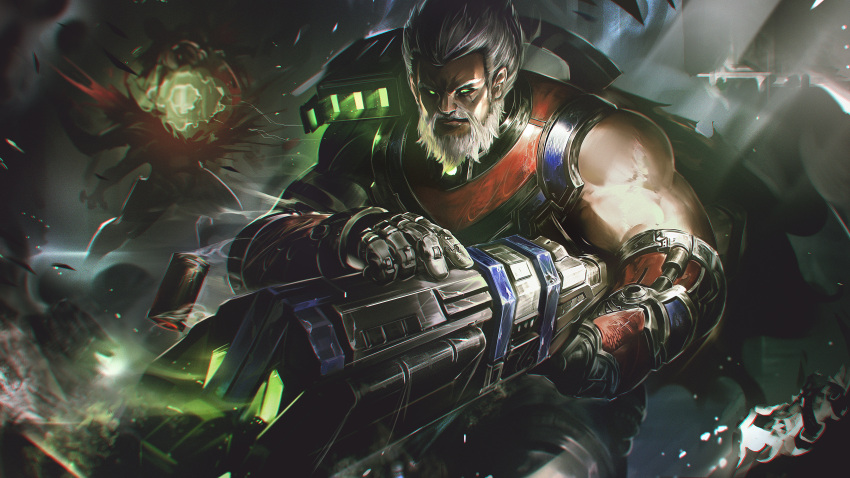 1boy 1other absurdres bangs bare_shoulders beard death facial_hair glowing glowing_eyes graves_(league_of_legends) green_eyes grey_hair gun highres holding jailbreak_graves league_of_legends male_focus official_alternate_costume shell_casing short_hair shotgun solo_focus splatter weapon wutu_(1183238220)