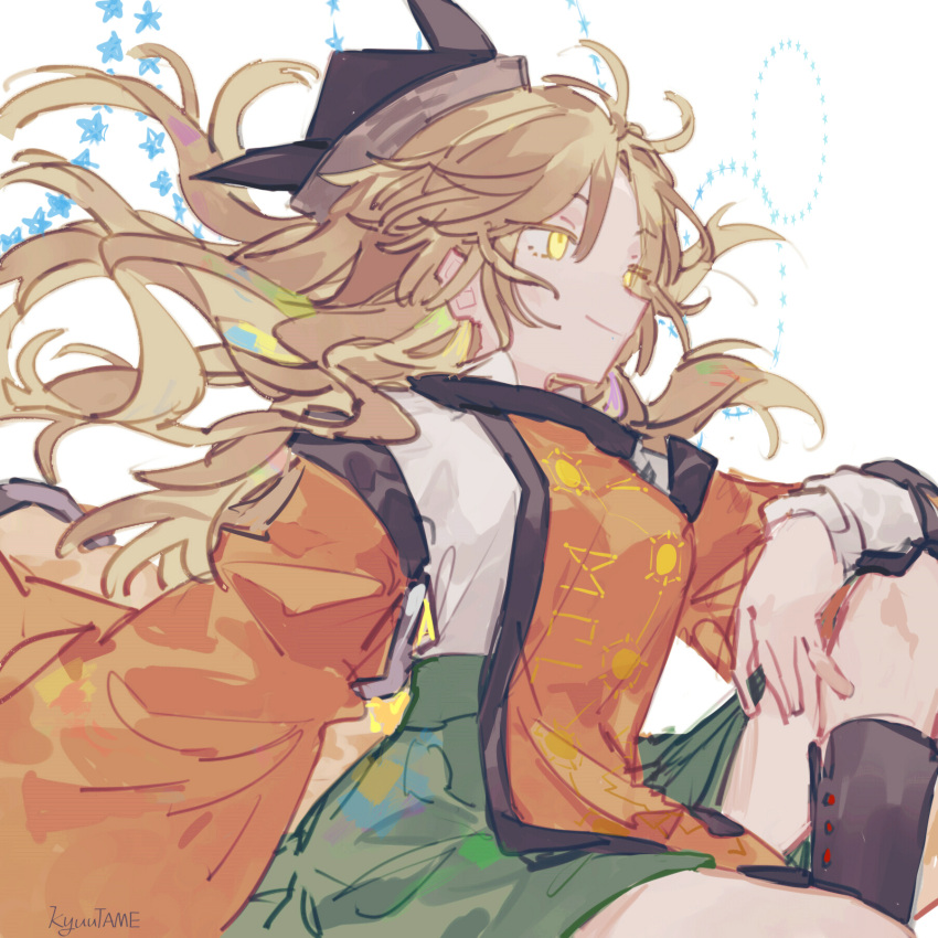 1girl black_footwear black_headwear blonde_hair boots closed_mouth constellation_print green_skirt hat highres knee_boots kyuutame long_hair matara_okina orange_sleeves skirt smile solo symbol-only_commentary tabard touhou white_background wide_sleeves yellow_eyes