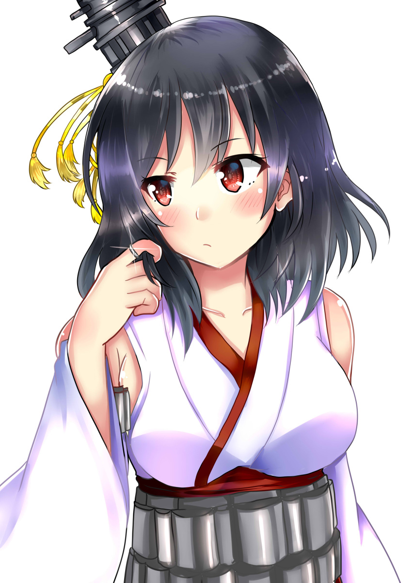 1girl bare_shoulders black_hair blush breasts detached_sleeves eyebrows_visible_through_hair floral_print gradient gradient_background hair_ornament hair_ribbon highres himura_moritaka japanese_clothes kantai_collection large_breasts nontraditional_miko red_eyes remodel_(kantai_collection) ribbon short_hair signature solo upper_body wide_sleeves yamashiro_(kancolle) yamashiro_(kantai_collection)