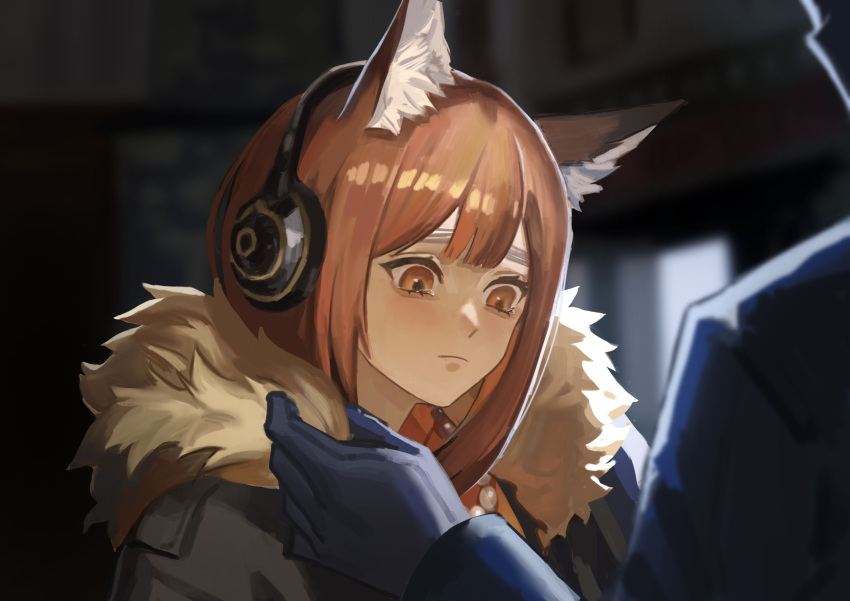 1girl 1other absurdres animal_ear_fluff arknights black_gloves blurry blurry_background blush brown_eyes brown_hair closed_mouth depth_of_field doctor_(arknights) fur_collar gloves hasegawamorito headphones highres huris_(arknights) implied_extra_ears indoors jewelry long_hair long_sleeves looking_down necklace solo_focus tearing_up tears upper_body
