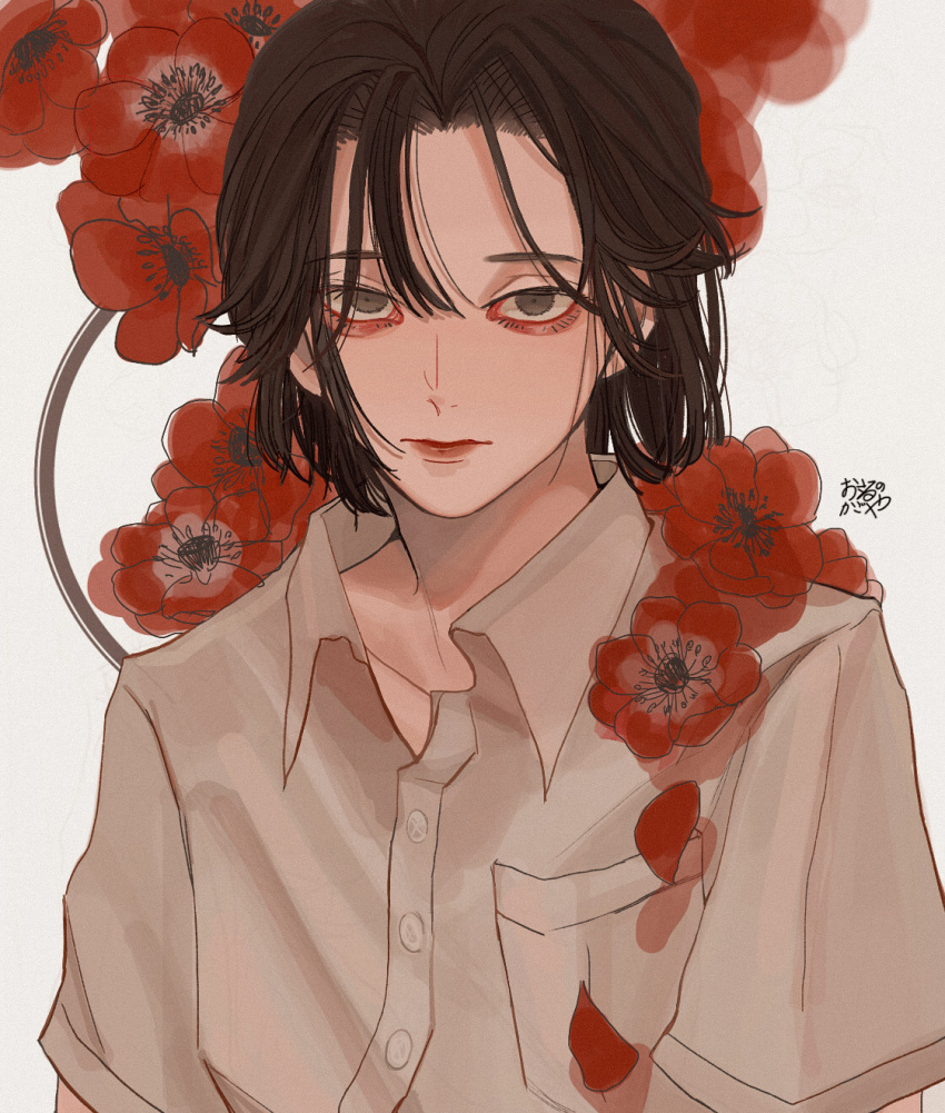 1boy anemone_(flower) bishounen bob_cut brown_eyes buttons closed_mouth collared_shirt commentary_request constricted_pupils flower hair_between_eyes highres kagoya1219 looking_at_viewer male_focus original red_flower sanpaku shirt short_sleeves signature simple_background solo upper_body white_background white_shirt