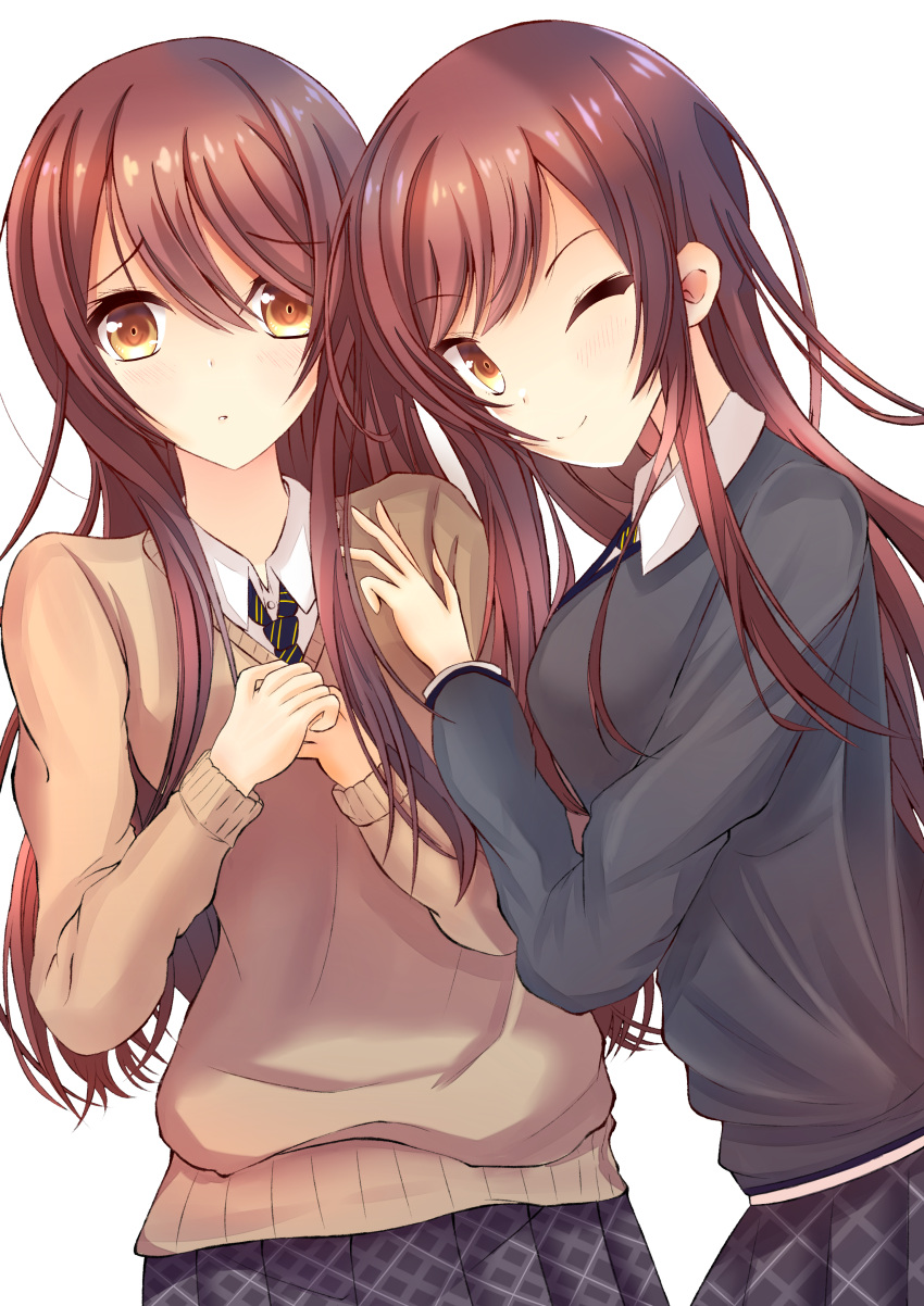 2girls absurdres amasajithira beige_sweater blue_neckwear brown_eyes brown_hair collared_shirt eyebrows_visible_through_hair from_above gradient gradient_background grey_jacket hair_between_eyes hands_clasped highres idolmaster idolmaster_shiny_colors jacket long_hair looking_at_viewer multiple_girls oosaki_amana oosaki_tenka open_mouth own_hands_together plaid plaid_skirt pleated_skirt school_uniform shirt siblings sidelocks skirt standing straight_hair striped striped_neckwear twins white_shirt