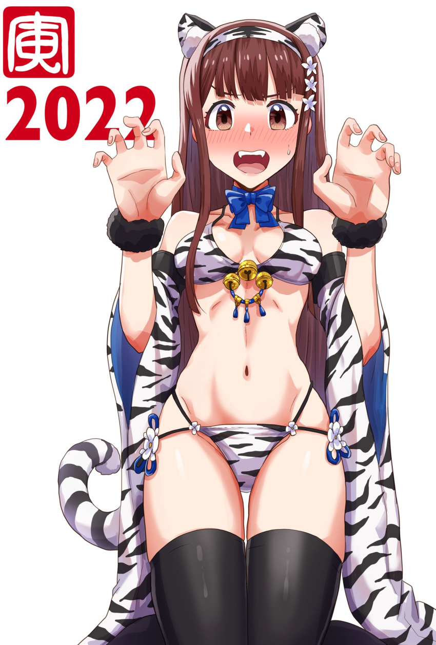 1girl animal_ears bangs bell black_legwear blunt_bangs blush brown_eyes brown_hair chinese_zodiac commentary_request flower hair_flower hair_ornament hairband highres idolmaster idolmaster_million_live! long_hair looking_at_viewer navel new_year open_mouth run_p_(aveton) shawl solo string_bikini sweatdrop tail tanaka_kotoha thigh-highs tiger_ears tiger_stripes tiger_tail white_background year_of_the_tiger