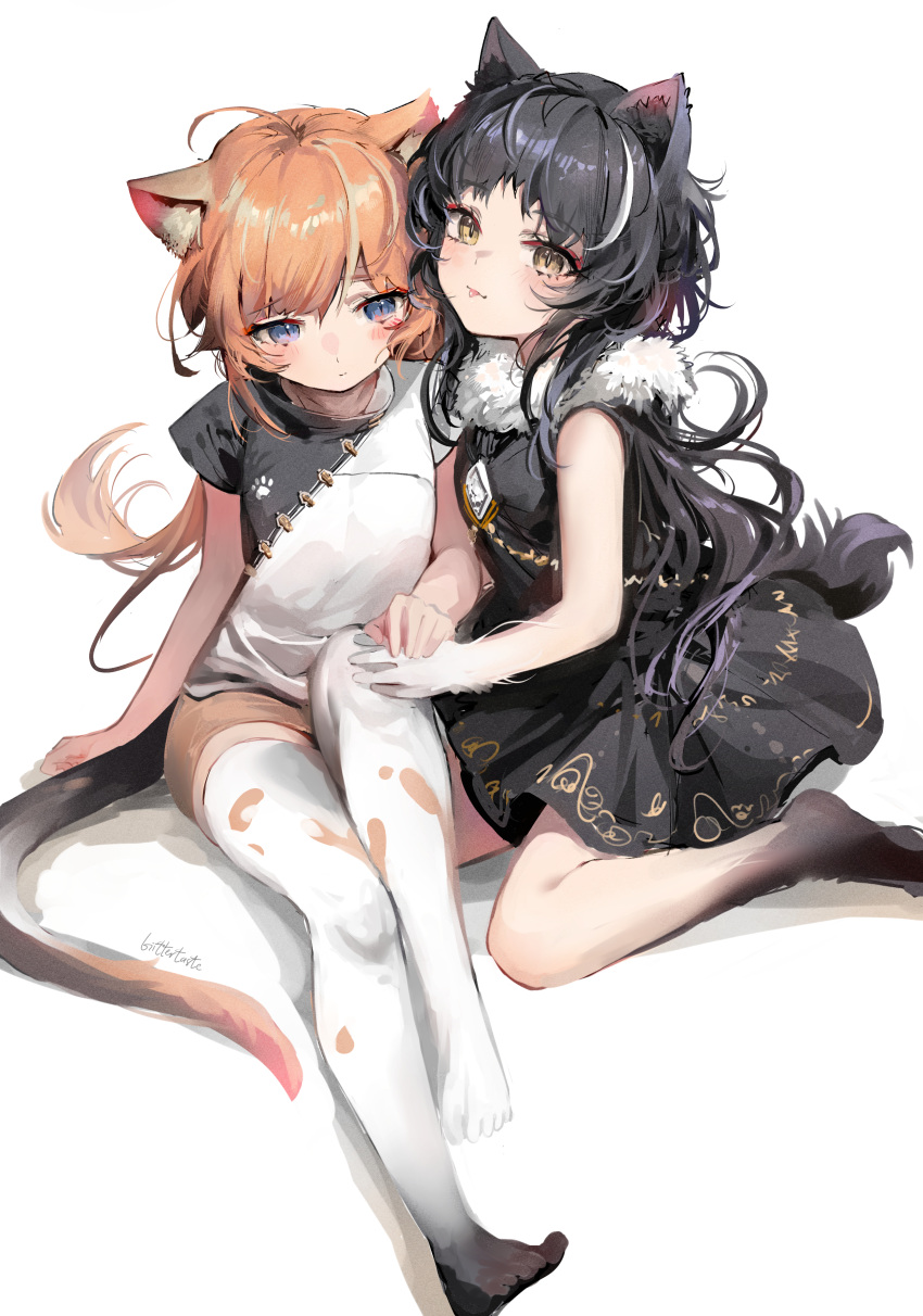 2girls absurdres animal_ears animal_hands artist_name bangs biittertaste black_dress black_hair black_shirt blue_eyes body_fur brown_shorts cat_ears cat_girl cat_tail character_request closed_mouth copyright_request dress fur-trimmed_dress fur_trim hand_on_another's_knee highres knee_up long_hair looking_at_viewer looking_away multicolored_hair multiple_girls on_floor orange_hair palms_together paw_print shirt short_sleeves shorts shy simple_background sitting sleeveless sleeveless_dress slit_pupils streaked_hair tail thigh-highs tongue tongue_out two-tone_shirt wariza white_background white_legwear yellow_eyes