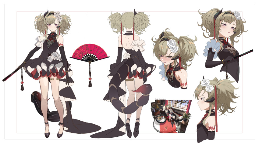 1girl absurdres back bangs bare_shoulders black_hair blonde_hair blush breasts character_sheet dress elbow_gloves frown gloves hairband hand_fan high_heels highres horns looking_at_viewer moon_(yfsp7823) open_mouth original simple_background single_horn small_breasts tail twintails violet_eyes white_background