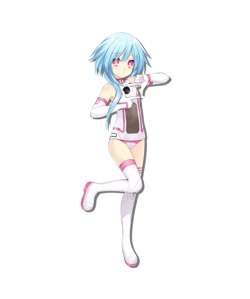 1girl alpha_transparency artist_request bangs bare_shoulders blue_hair boots choujigen_game_neptune_sisters_vs_sisters covered_navel dot_nose drop_shadow elbow_gloves eyebrows_visible_through_hair finger_frame flat_chest full_body gloves hair_over_shoulder hand_up highres leotard long_hair looking_at_viewer neptune_(series) official_art pink_eyes smile solo standing standing_on_one_leg tachi-e thigh-highs thigh_boots transparent_background white_footwear white_gloves white_leotard white_sister_rom