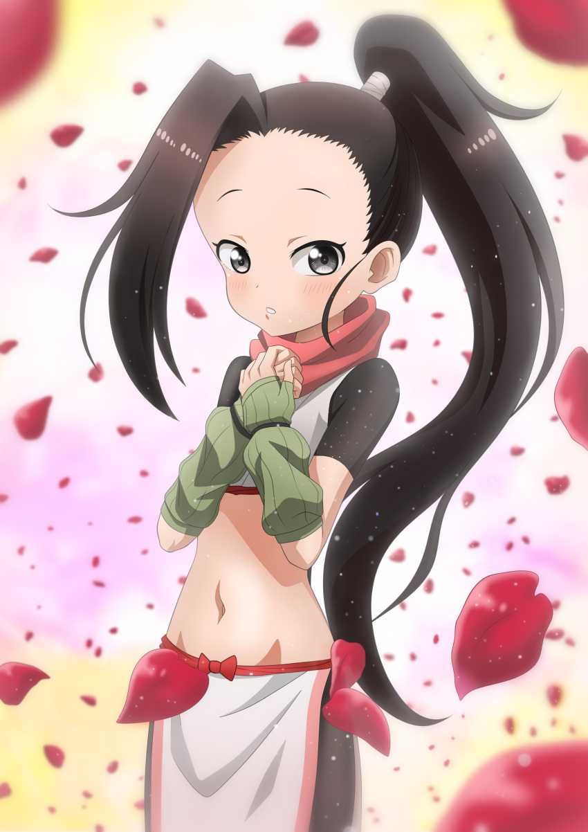 1girl absurdres bangs black_eyes black_hair black_shorts blush brown_eyes crop_top fingerless_gloves forehead gloves green_gloves high_ponytail highres kunoichi_tsubaki_no_mune_no_uchi long_hair midriff navel ninja pelvic_curtain petals red_scarf riokasen scarf short_sleeves shorts tsubaki_(kunoichi_tsubaki_no_mune_no_uchi)