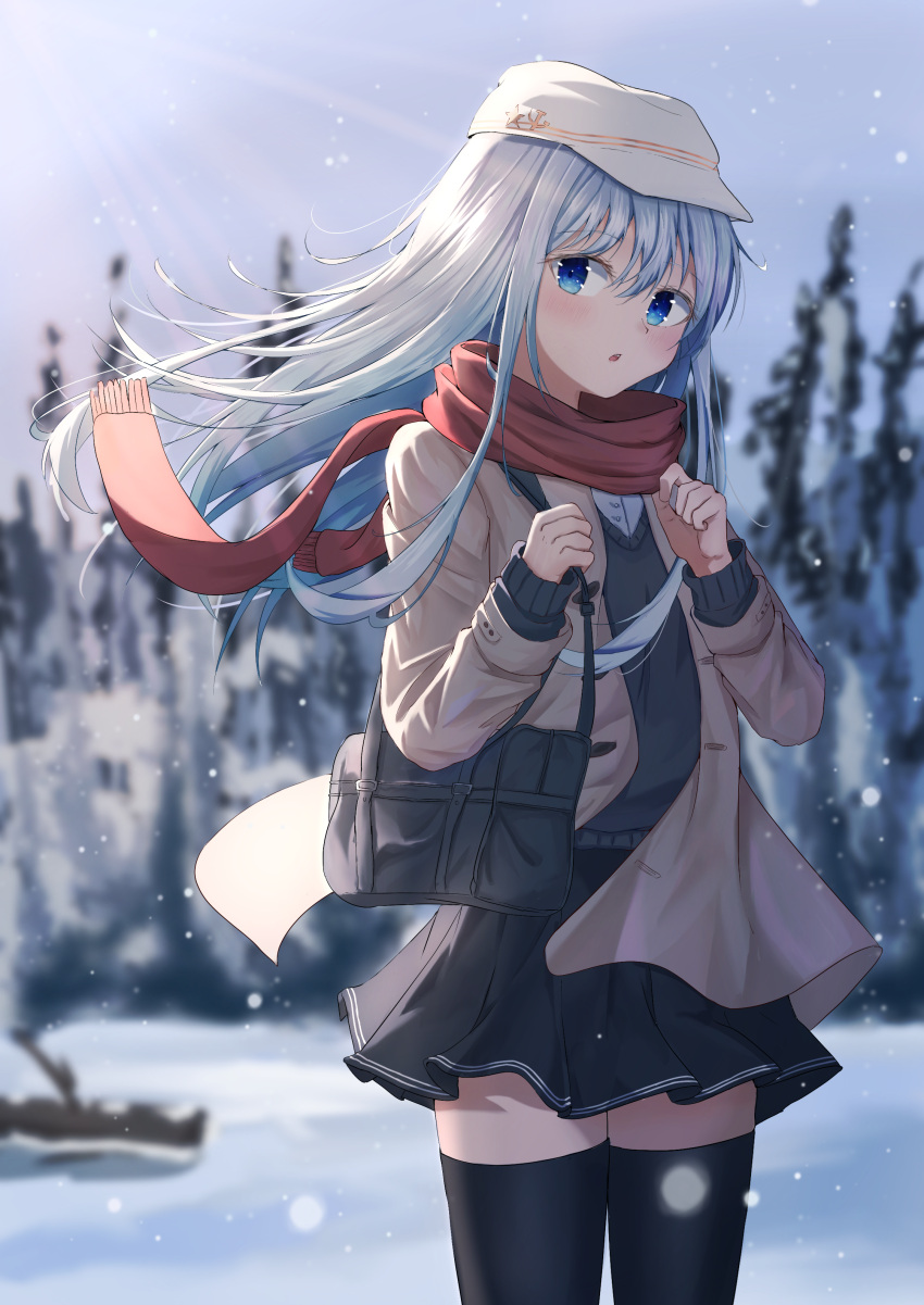 1girl absurdres alternate_costume black_legwear black_skirt black_sweater blue_eyes brown_jacket dfd flat_cap hammer_and_sickle hat hibiki_(kancolle) highres jacket kantai_collection long_hair long_sleeves miniskirt open_clothes open_jacket outdoors pleated_skirt red_scarf red_star scarf silver_hair skirt solo standing sweater thigh-highs tree verniy_(kancolle) white_headwear