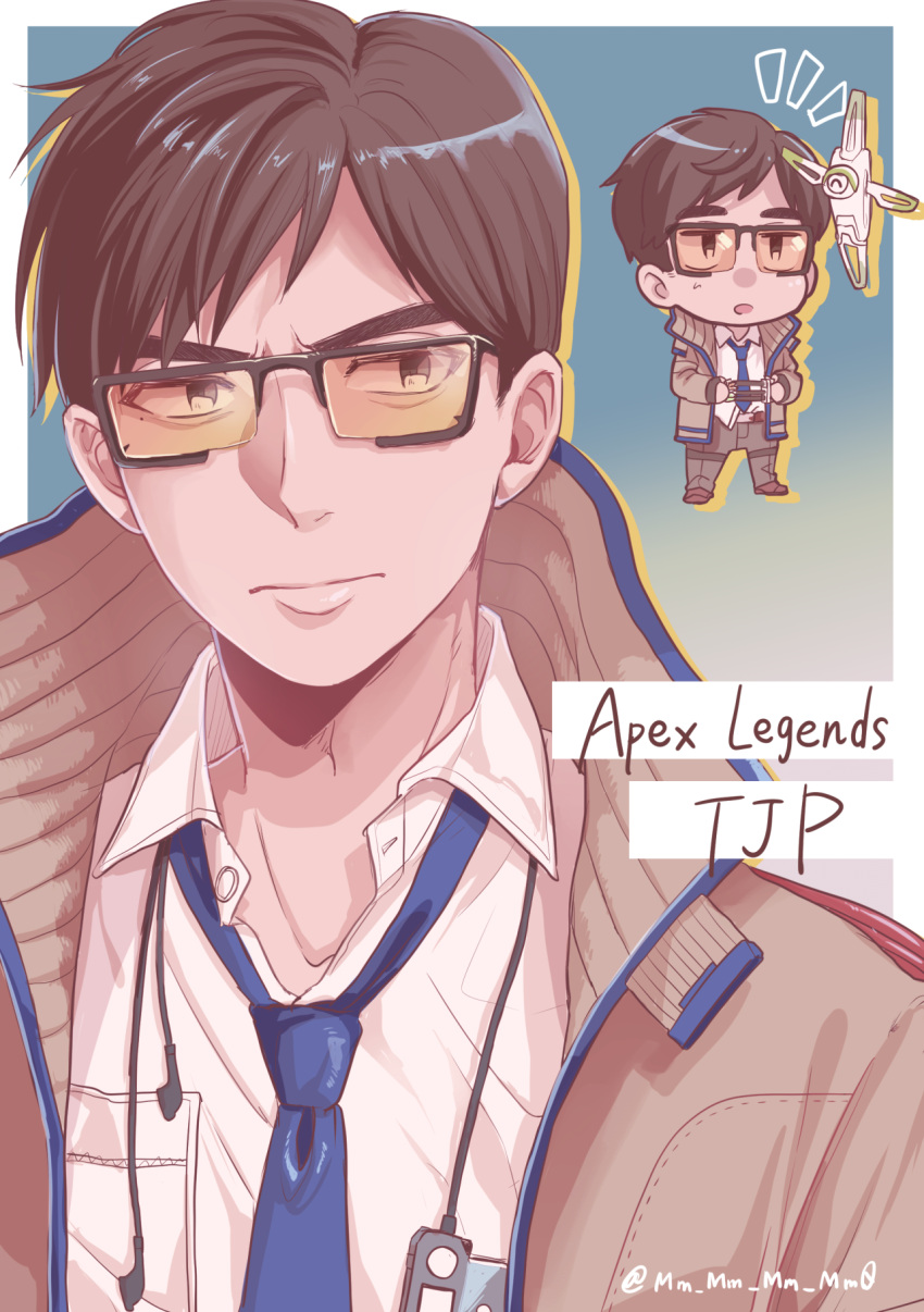1boy apex_legends bangs beige_jacket black_hair blue_necktie chibi chibi_inset collared_shirt copyright_name crypto_(apex_legends) drone hack_(apex_legends) headpat highres inconspicuous_crypto looking_to_the_side m_(mrtarou) male_focus necktie parted_hair portrait shirt solo sunglasses twitter_username white_shirt
