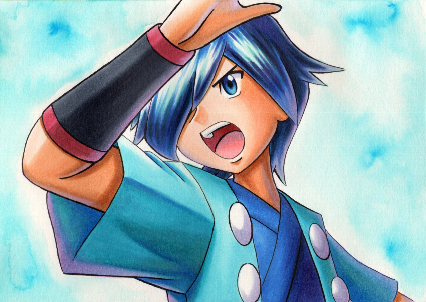 1boy black_wristband blue_background blue_eyes blue_hair blue_jacket blue_kimono commentary_request falkner_(pokemon) hair_over_one_eye highres jacket japanese_clothes kimono male_focus oka_mochi open_clothes open_jacket open_mouth pokemon pokemon_(game) pokemon_hgss shiny shiny_hair short_hair short_sleeves solo teeth tongue traditional_media upper_body upper_teeth wristband