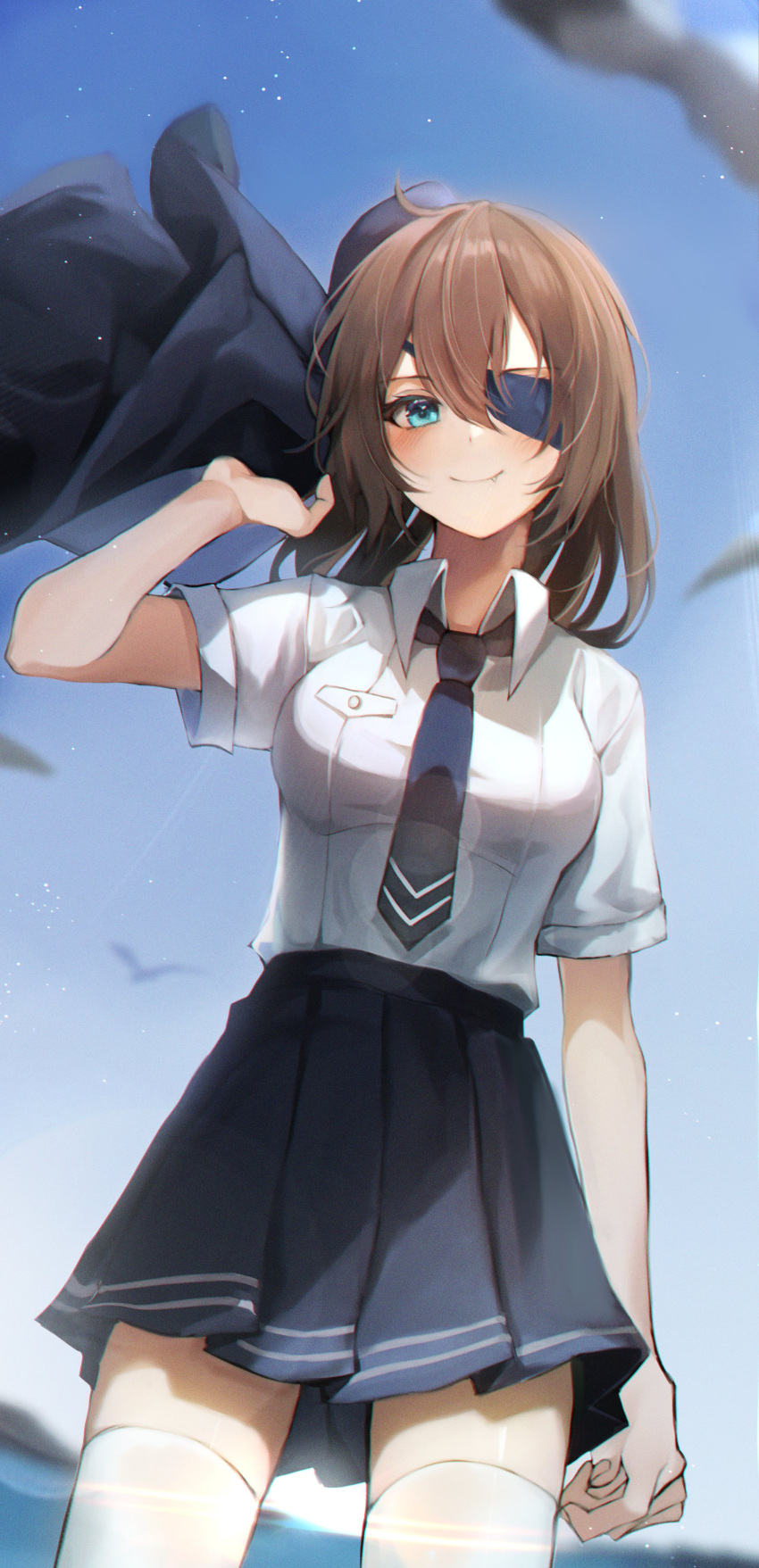 1girl absurdres blue_eyes blue_necktie blue_skirt blue_sky blush breasts brown_hair closed_mouth collared_shirt commentary_request day duyu eyepatch from_below hair_between_eyes hand_up highres holding holding_clothes holding_jacket jacket jacket_removed long_hair looking_at_viewer medium_breasts necktie original outdoors pleated_skirt shirt short_sleeves skirt sky smile solo thigh-highs white_legwear white_shirt