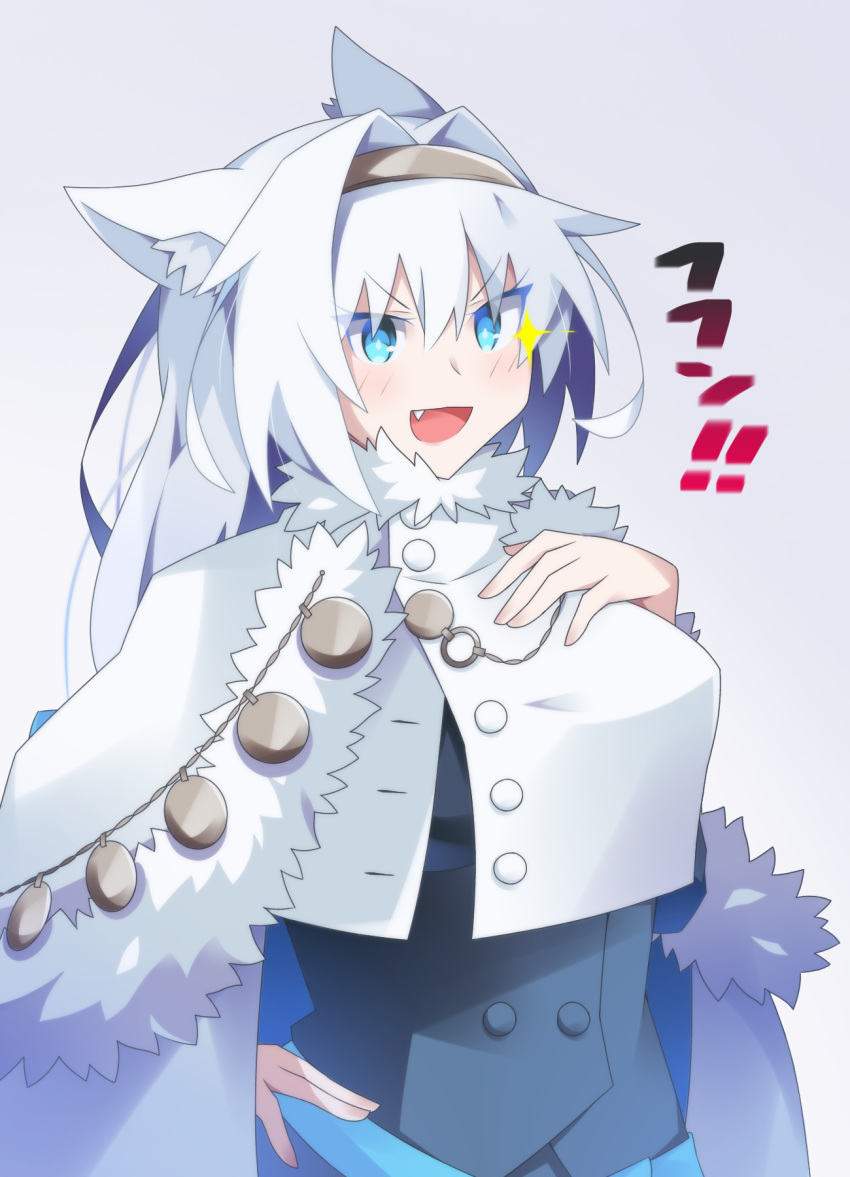 1girl animal_ears armored_boots bangs blue_bow blue_eyes blue_ribbon blush boots bow breasts brown_legwear buttons cape capelet cat_ears cat_girl cat_tail club_(weapon) crop_top crop_top_overhang dobrynya_nikitich_(fate) dress fate/grand_order fate_(series) fur-trimmed_capelet fur-trimmed_headwear fur_trim gauntlets grey_dress hair_bow hat knee_boots large_breasts long_hair long_sleeves looking_at_viewer low_ponytail open_mouth pantyhose ribbon short_dress solo tail thighs uryu0270 weapon white_cape white_capelet white_hair white_headwear