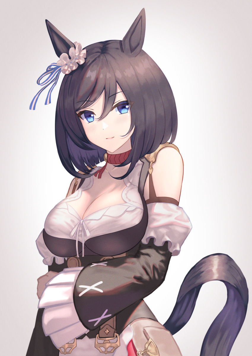 1girl animal_ears answering01 black_hair blue_eyes breasts choker detached_sleeves dirndl eishin_flash_(umamusume) eyebrows_visible_through_hair german_clothes highres horse_ears horse_girl horse_tail large_breasts red_choker short_hair simple_background solo tail umamusume upper_body