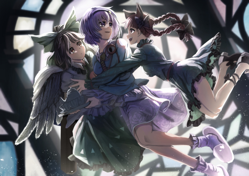animal_ears black_bow black_hair black_wings bow braid brown_eyes cape cat_ears cup dress extra_ears family fang feathered_wings floral_print footwear_bow green_bow green_dress green_skirt highres holding holding_tray hug jacket jumping kaenbyou_rin kettle komeiji_satori legs long_hair mary_janes multiple_girls open_mouth orange_eyes passo pink_hair pink_legwear pink_skirt puffy_short_sleeves puffy_sleeves purple_hair purple_legwear purple_skirt red_eyes redhead reiuji_utsuho shoes short_hair short_sleeves skirt slippers slit_pupils smile stained_glass subterranean_animism teacup third_eye touhou tray twin_braids violet_eyes window wings