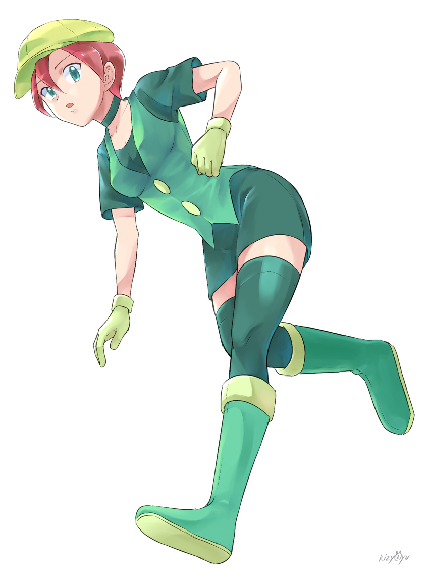 1girl bangs boots breasts choker collarbone commentary_request full_body georgia_(pokemon) gloves green_choker green_eyes green_footwear green_headwear green_legwear green_vest hair_between_eyes hat highres kijouyu looking_at_viewer pokemon pokemon_(anime) pokemon_bw_(anime) short_hair short_sleeves signature simple_background solo thigh-highs vest white_background