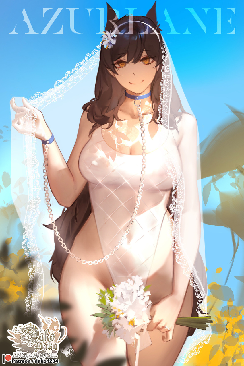 1girl animal_ears artist_name atago_(azur_lane) azur_lane bare_hips blue_sky bouquet breasts brown_hair casual_one-piece_swimsuit chain collar collarbone copyright_name covered_navel cowboy_shot day flower groin highleg highleg_swimsuit highres holding holding_bouquet hu_dako large_breasts leash long_hair one-piece_swimsuit orange_eyes outdoors see-through sky solo swimsuit veil very_long_hair white_flower white_swimsuit