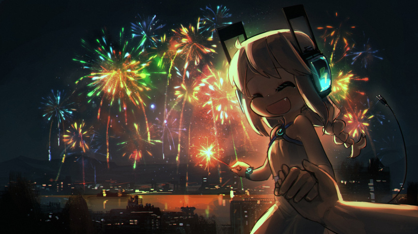 1girl :d ^_^ bare_arms bare_shoulders blonde_hair braid cityscape closed_eyes commentary digitan_(porforever) electric_plug english_commentary facing_viewer fang fireworks headphones highres holding_hands lightning_bolt_symbol long_hair night open_mouth original outdoors porforever pov pov_hands power_symbol smile solo_focus tail