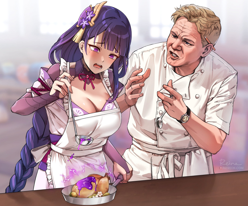 1boy 1girl @_@ absurdres apron bangs blonde_hair blunt_bangs blurry blurry_background braid braided_ponytail breasts bridal_gauntlets chef_uniform crossover electricity eyebrows_visible_through_hair food foxyreine frilled_apron frills frying_pan genshin_impact gordon_ramsay hair_ornament hand_up hands_up hell's_kitchen highres holding indoors ladle large_breasts long_hair mole mole_under_eye neck_ribbon obi open_mouth parted_lips purple_hair raiden_shogun raised_eyebrows real_life ribbon sash short_hair spoon tearing_up violet_eyes watch watch white_apron window wrinkled_skin