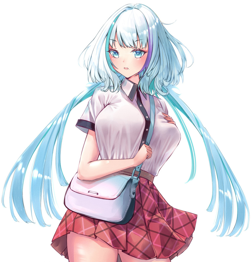 1girl bag bangs blue_eyes blue_hair breasts casual collared_shirt dotorupien eyebrows_visible_through_hair hand_on_own_chest handbag highres indie_virtual_youtuber large_breasts long_hair looking_at_viewer low_twintails miniskirt mole mole_under_mouth multicolored_hair open_mouth pleated_skirt purple_hair red_skirt shigoku_tobi shirt short_sleeves silver_hair simple_background skirt solo streaked_hair taut_clothes taut_shirt twintails very_long_hair virtual_youtuber white_background white_hair white_shirt