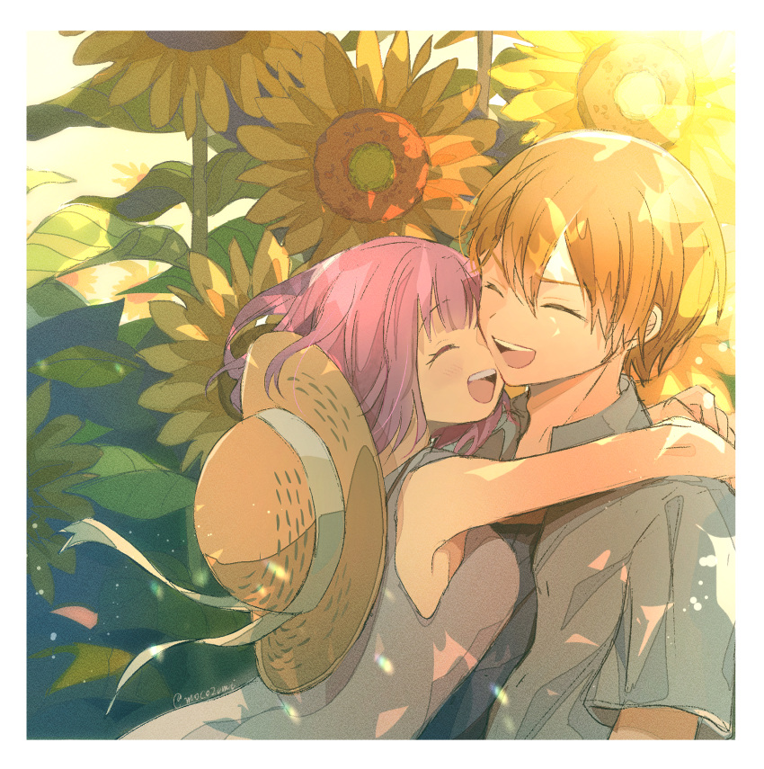 1boy 1girl blonde_hair blue_shirt border breasts closed_eyes commentary_request couple dappled_sunlight dress field flower happy hat hat_ribbon hetero highres hug medium_breasts momomo_(m0_3) ootori_emu open_clothes open_mouth open_shirt outdoors pink_hair project_sekai ribbon shirt short_hair smile sun_hat sunflower sunlight teeth tenma_tsukasa upper_body upper_teeth white_dress white_ribbon