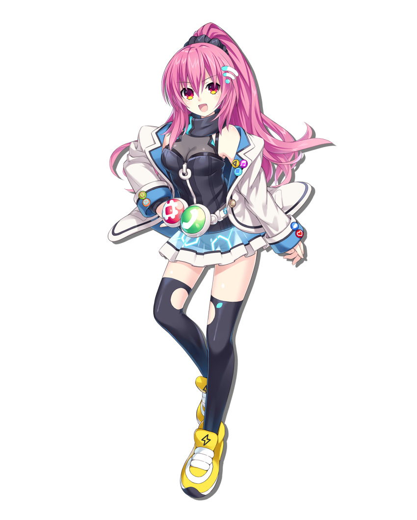 1girl :d alpha_transparency artist_request badge bangs belt black_legwear black_scrunchie black_vest blue_skirt button_badge choujigen_game_neptune_sisters_vs_sisters dot_nose drop_shadow eyebrows_visible_through_hair floating_hair full_body hair_ornament hand_on_hip heart heel_up highres jacket lightning_bolt_symbol long_hair long_sleeves looking_at_viewer maho_(neptune_series) miniskirt musical_note neptune_(series) number_sign off_shoulder official_art open_clothes open_jacket open_mouth pink_hair ponytail red_eyes scrunchie see-through_skirt shoes skirt smile sneakers solo standing standing_on_one_leg tachi-e thigh-highs transparent_background turtleneck vest white_belt white_jacket wifi_symbol yellow_footwear zettai_ryouiki zipper