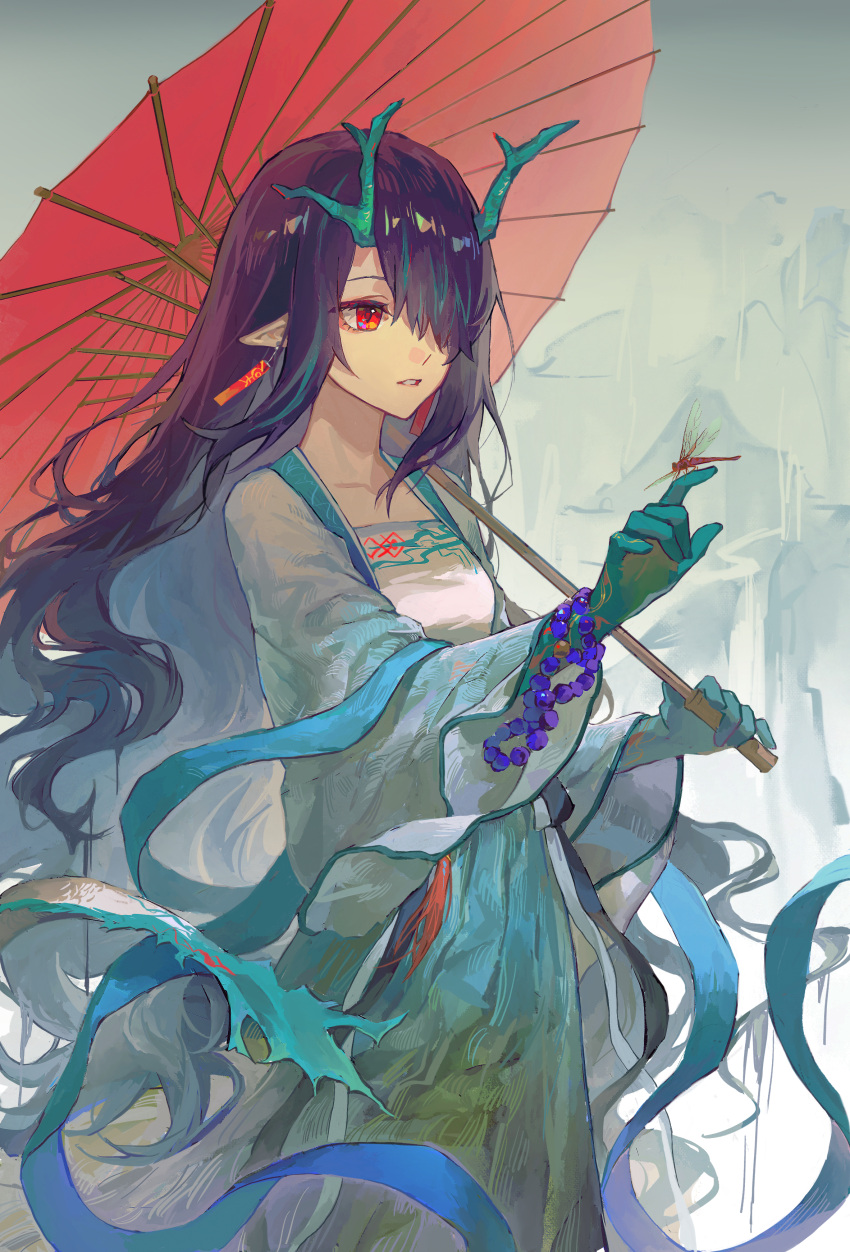 1girl absurdres arknights black_hair blue_hair breasts bug chinese_clothes dogdogbhh dragon_girl dragon_horns dragonfly dusk_(arknights) highres horns multicolored_hair pale_skin pointy_ears red_eyes